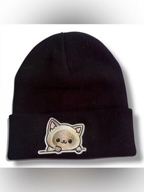 Adorable Black Beanie with Cat Embroidery